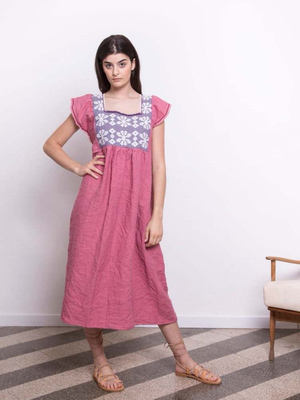 Nina Leuca Jilly Midi Maxi Dress Linen Cotton Pink Blue Size Small Medium